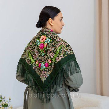 Платок украинский с тороками "Лилия" 90х90 см (зеленая) Л9035-6 фото