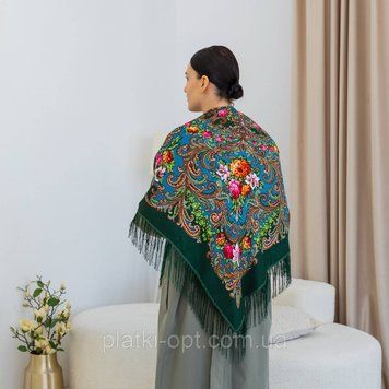Платок украинский с тороками "Лилия" 110х110 см (зеленая+бирюза) Л11042-11 фото