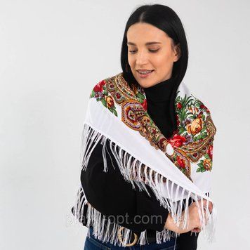 Платок украинский с тороками "Роза" 90х90 см (белая) Т9035-9 фото